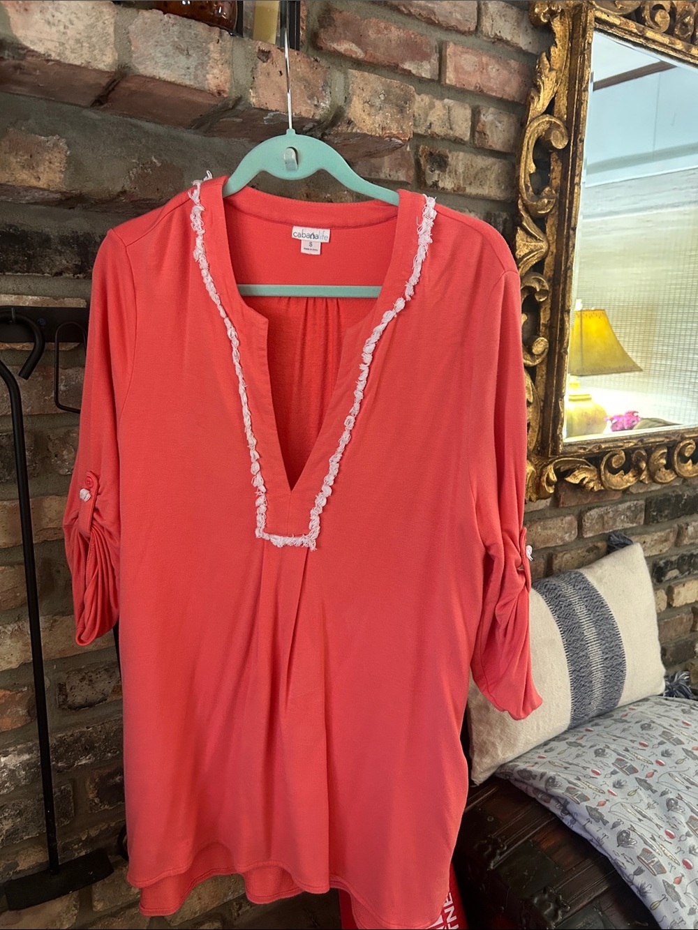 Cabana Life Coral Ruffle-Trim V-Neck Tunic